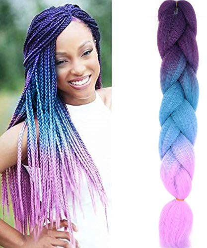 24 Braids Extensions Jumbo Braids Kunsthaar 1 Bündel Synthetik Crochet Hair Flechthaar Afro Box Braiding (Lila&See Blau&Helles Lila)