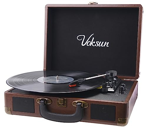 Record Player, VOKSUN Portable Bluetooth Vinyl Turntable, Built-in 2 Stereo Speakers, 3-Speed 33/45/78 RPM Suitcase LP Player, Supports Vinyl to MP3 Recording, AUX/USB Encoding/RCA/Headphone