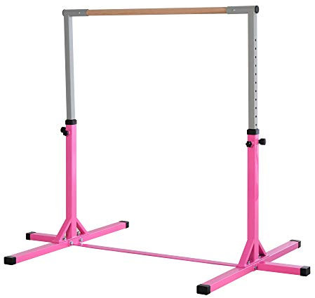 HOMCOM Gymnastics Bar, Height Adjustable Gymnastics Horizontal Bar for Kids, Home Gym Training Children Junior Kip High Bar Fitness, Pink