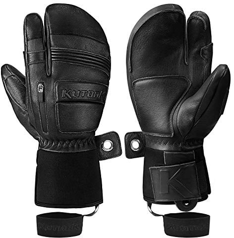 KUTOOK Moufles Gant en Cuir Hiver Imperméable pour Homme Femme Homologués 3 Doigts Ski Gants Coupe Vent Polaire Thermiques Snowboard Luge Motoneige Chauffants Noir 2XL