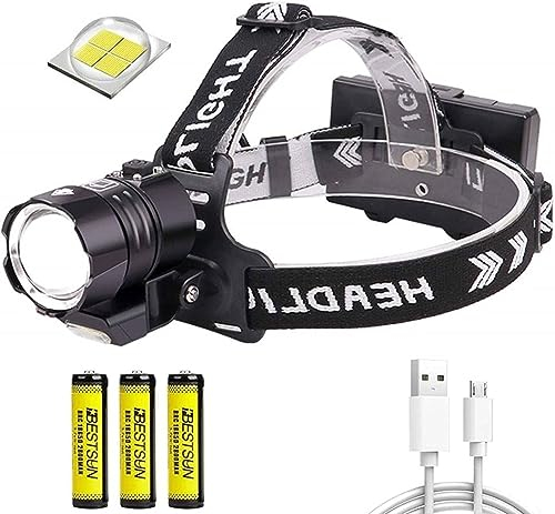 XLENTGEN Lampada Frontale LED, Alta Potenza 500000 Lumens XHP90 COB Torcia Frontale,USB Ricaricabile Zoom 4 Modalità Impermeabile Lampada da Testa Headlight Headlamp per Campeggio Pesca Emergenza