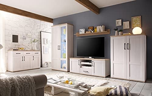 Wohnwand Elegance in Sibiu-Lärche Nb. im Landhausstil Anbauwand Wohnzimmerschrank TV-Lowboard Fernsehschrank inkl. LED-Beleuchtung in 2 Varianten (Wohnwand inkl. Sideboard)