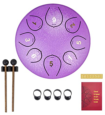 SONARIN Zungentrommel Steel Tongue Drum 8 Noten 6 Zoll,StahlZungentrommel Percussion Instrument Handpan Drum mit Reisetasche,2 Drumsticks,Musikbuch,4 Fingerabdeckung,für Meditation Yoga(Violett)