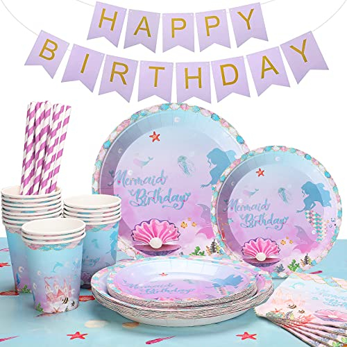 Lilydora 16 Guests Mermaid Birthday Party Tableware Set 83PCS Mermaid Party Paper Plates Cups Napkins Tablecloth Mermaid Birthday Party Supplies Decorations for Girls Birthday Party