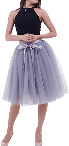 Gonna in Tulle da Donna a Vita Alta Elastica Tinta Unita Gonne Longuette a Strati a Pieghe Linea ad A Vintage Elegante Casual Skirt Midi in Pizzo con Fiocco per Adulta (Grigio, Taglia Unica)