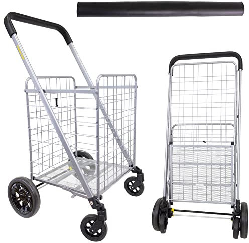 dbest products Cruiser Deluxe 2 Germ Guard Bundle Shopping Cart Handle Grocery Rolling Folding Laundry Basket on Wheels Foldable Utility Trolley Compact Lightweight Collapsible, Silver