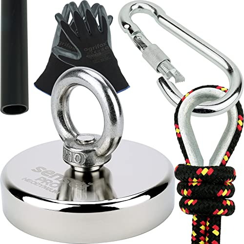 SENSEI Set 300 kg, N52 Neodym-Magnet mit Öse, Ø8 x H1,8 cm, Segelseil 25 m, Schutzhandschuhe + Zubehör, Set mit Ösenmagnet zum Magnetfischen im Wasser