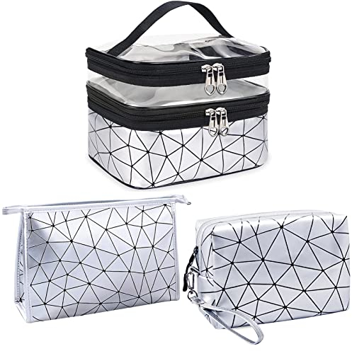 LEcylankEr Trousse Maquillage Femme Double Trousse de Toilette Transparente Vanity Femme Grand Trousse de Maquillage Voyage (Argent)