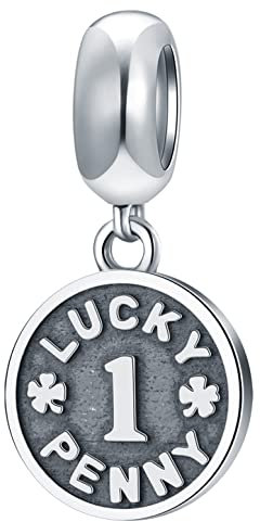 Lucky Penny 1 Dangle Charms, 925 Sterling Silber UK Glück Geld Münze Anhänger mit vier Blatt Klee antike Perlen, passen Pandora Geburtstag Armband, Geschenke für Tochter/Sohn/Mama