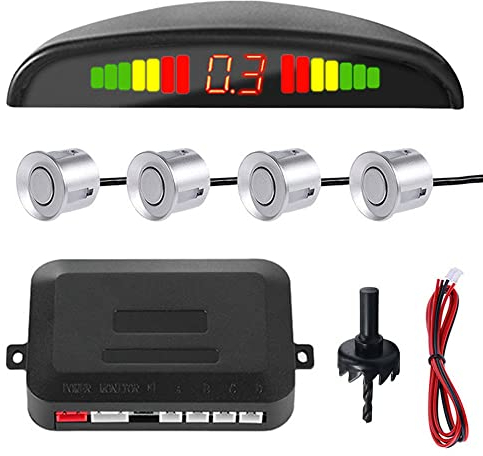 MOCNT Auto Einparkhilfe 4 Hinten Sensoren Rückfahrhilfe Kfz Rückfahrwarner Einparksystem Parksensoren Rückwärtsparkhilfe 12V LCD Display Buzzer Alarm Warnung Silber
