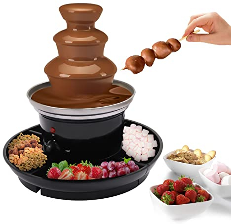 Elektrischer Schokobrunnen 3 Etagen, Edelstahl Schokofondue mit Schmelzfunktion mit Snacks Tabletts und 6 Gabeln Schokofondue Käsefondue Fondue Set