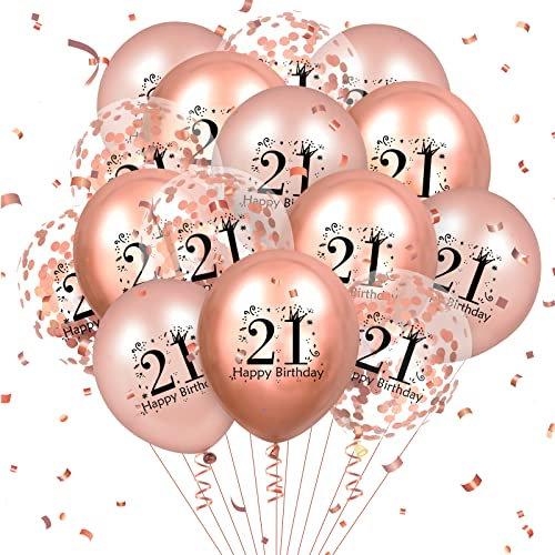 Luftballons zum 21. Geburtstag, 18 Stück, Roségold, Happy 21th Birthday, Latexballons, Konfetti-Luftballons, 21. Jahrestag, Party-Dekorationen für Mädchen, Jungen, Dekorationszubehör, 30.5 cm