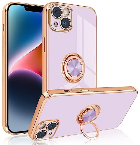 Newseego Electroplated Magnetic iPhone 14 Plus Case, 360 Degree Rotation Finger Ring Holder Phone Case Magnet Car Stand Soft Silicone Shockproof Protective Bumper Cover for iPhone 14 Plus-Purple