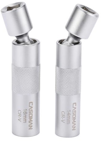 CASOMAN 2PCS 3/8 Dr. Swivel Magnetic Spark Plug Socket, 14mm & 16mm, 360° Degree Swivel, 12-Point, CR-V, Length: 4-Inch