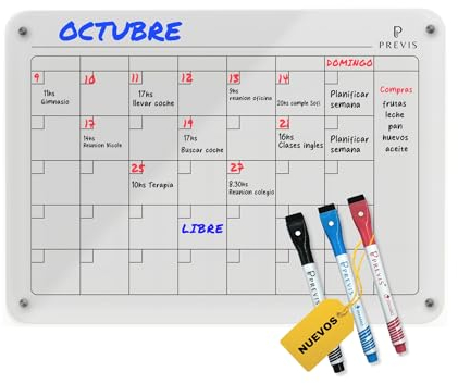 Previs Acryl Kalender für Kühlschrank A4 mit 3 Boardmarkern - Monatsplaner Abwischbar Kühlschrank Kalender - Acrylic Magnetic Calendar for Fridge Transparent - Familienplaner Abwischbar