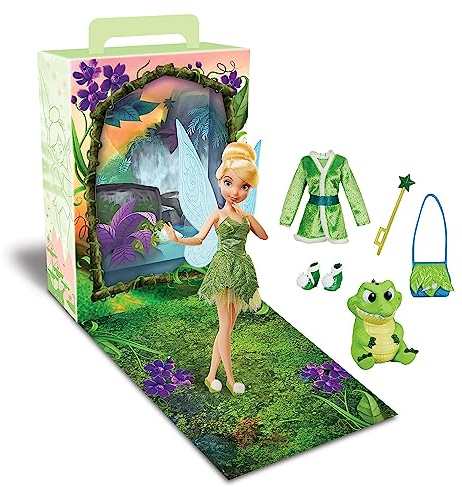 Disney Store Offizielle Tinker Bell Storybook Kollektion Puppe, Peter Pan, 25 cm, Mit des Baby-Krokodils Tick-Tock, 2 Outfits, Accessoires, Malbogen für Aktivitäten und Spiele, für Kinder ab 3Jahren
