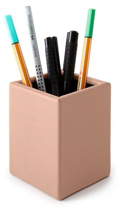 eglooh - Atena - Pot à Crayon Bureau Cuir Véritable Rose Poudré - Design Carré et Finitions Artisanales - cm 7 x 7 x H.9,5 - Entièrement Fabriqué en Italie
