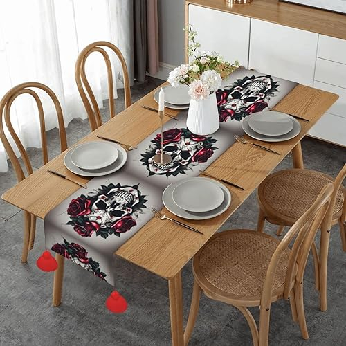 Tischläufer aus Leinen mit roten Rosen und Totenkopf. Perfekt für die Verschönerung Ihrer Esszimmer-Ästhetik