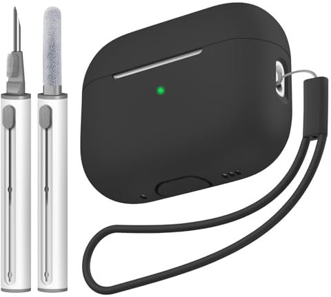 Tandoler Funda compatible con Airpods Pro 2, funda protectora de silicona suave con kit de limpieza y cordón compatible con AirPod Pro de 2ª generación, LED frontal visible, color negro