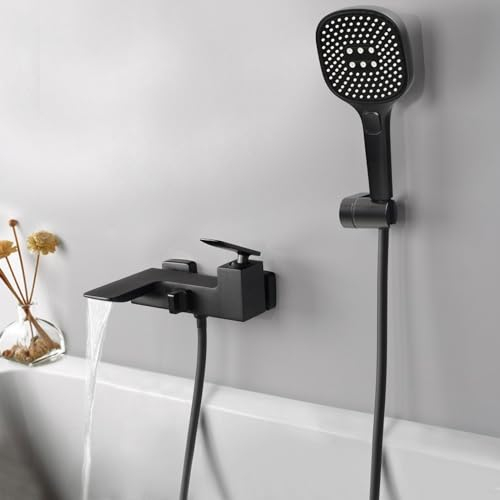 PHASAT Badewannenarmatur mit Handbrause Wandmontage Mischbatterie Einhandmischer Wasserhahn Badewanne Messing Schwarz PTBB12E