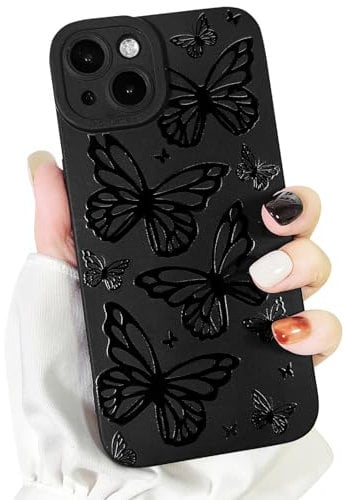 NITITOP Compatible for iPhone 14 Case Cute Cool Butterfly Black Design for Girls Women Soft TPU Shockproof Protective Phone Cover Girly - Big Butterfly