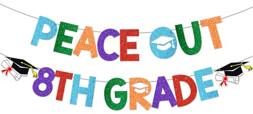 Banner mit Aufschrift Peace Out, 8. Klasse, Abschlussbanner, 8. Klasse, Abschlussfeier, Dekorationen 2024, für 8. Abschluss, Party-Dekorationen, Glitzer