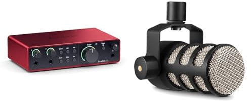 Focusrite Scarlett 2i2 4th Gen, interface audio USB pour enregistrer, composer & RØDE PodMic Microphone dynamique de qualité Broadcast avec support oscillant intégré pour les podcasts, le streaming