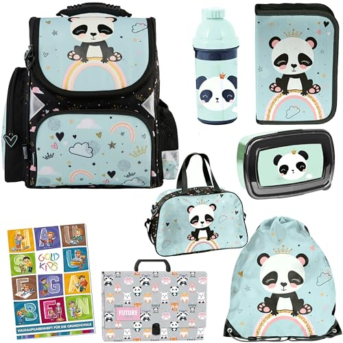 Goldkids - Schulranzen für Jungen und Mädchen Set - Schul-Rucksack für Kinder mit Federmäppchen - Schuhbeutel, Trinkflasche, Sporttasche, Aktentasche mit Griff - Hausaufgabenheft - Panda Motiv