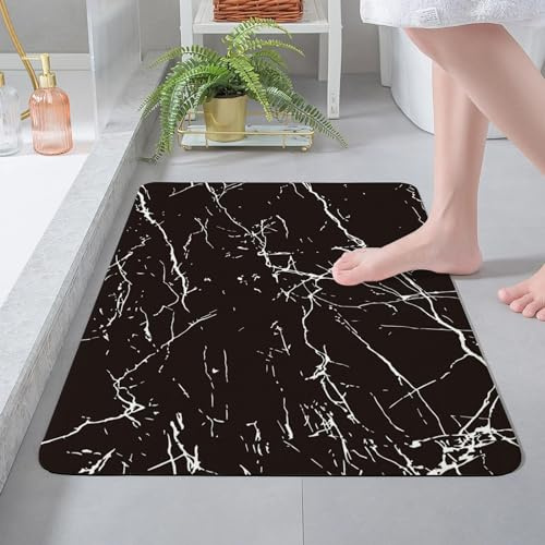 Tapis De Bain Diatomite 40X60Cm Marbre Noir Tapis De Douche Antidérapant,Tapis Salle De Bain Absorbant,Tapis De Douche Séchage Rapide,Stone Bath Mat,Doux Microfibre Tapis Bain
