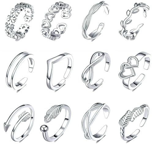 12 Pcs Adjustable Open Rings Set for Women Birthday Back to School Gifts Stackable Open Finger Joint Thumb Ring Heart Flower Arrow Silver Toe Ring Jewelry Friendship Gifts for Mom Ladies Girls