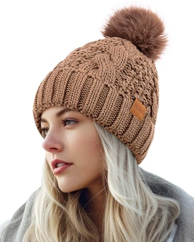 PIOZAED Women's Winter Pompom Beanie Warm and Cozy Knit Hat Fleece Lining Skull Cap for Women
