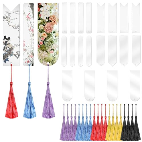 Tyqour 20 Stück Acryl Transparente Lesezeichen Rohlinge Leere Blanko Lesezeichen Basteln mit 20 Stück Bunten Quasten Rechteckig Personalisiert Lesezeichen Bookmarks Blanks für DIY Geschenkanhänger