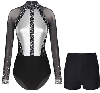 Oyolan Damen Turnanzug Gymnastikanzug Langarm Strass Body mit Kurze Hose Tanz Shorts Eiskunstlauf Training Fitness Bekleidung Dunkelgrau L