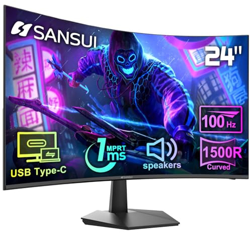 SANSUI - 24 100Hz Curved Monitor, USB Type C, with Built-in Speakers, MPRT 1ms, Adaptive Sync, HDR, 1500R, VESA Compatible 75x75mm, for Home and Office (ES-24C1)