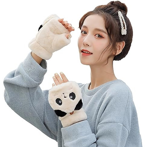 SJTJSPX Damen Fingerlose Handschuhe mit Flip-Top Warme Winterhandschuhe Cartoon Panda Halbfinger Handschuhe Outdoor Plüsch Fäustlinge für Fahrrad Ski Schule Arbeit
