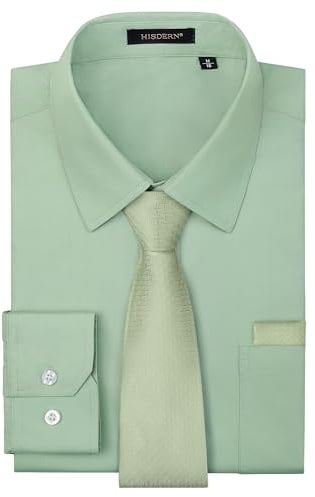 HISDERN Chemise Vert Sauge Homme avec Cravate Formelle Chemises Costume Manches Longues Mariage Business Regular Fit L