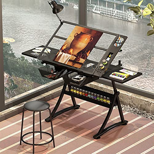 KJZQXYX Höhenverstellbarer Zeichentisch, Zeichentisch, neigbare Zeichentischplatte mit gehärtetem Glas, Zeichentisch, Künstlerschreibtisch