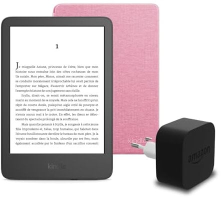 Il nuovo Kindle (versione 2024) da 16 GB con pubblicità, una copertura in tessuto Amazon e un alimentatore Amazon Powerfast da 9 W.