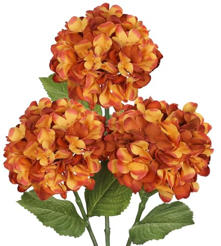 Hollyone 3er Set Hortensie Kunstblumen Orange, Ø 17cm Hortensienblüten Künstlich Seidenblumen Wie Echt Hortensien Deko Blumen für Hochzeit, Haus, Büro, Mittelstücke, Blumenarrangements
