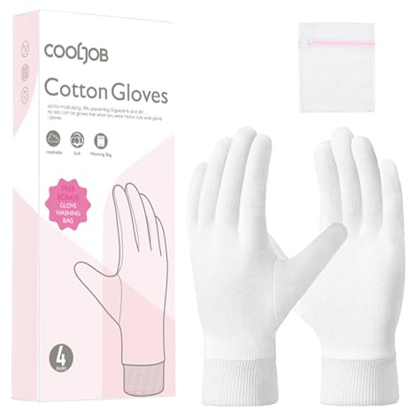 COOLJOB Baumwollhandschuhe, Weiße Stoff Handschuhe aus Baumwolle für trockene Hände & Neurodermitis, Feuchtigkeitsspendende Handschuhe, Waschbar - Gratis Waschbeutel (4 Paar, Größe M)