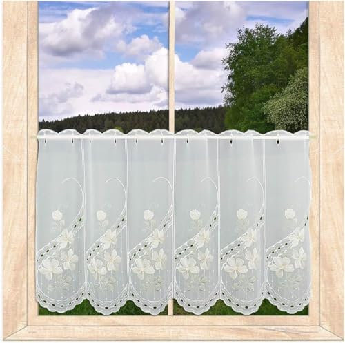 atelier alles-Spitze Hochwertige Scheibengardine Buschwindröschen | Halbtransparenter weißer Kurzstore mit Blumen-Stickerei in beige, hellgün und gelb | Höhe x Breite: 55 x 208 cm