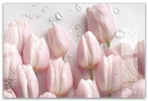timalo Küchenbild aus Acrylglas modernes Wandbild Glasbild Deko Küche XXL Acryl-Bild wie Glas | 60x40cm Rosa Tulpen, Blumen