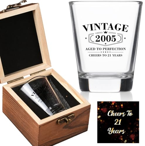 21st Birthday Gifts for Him 2026- Limited Edition Vintage 2005 Shot Glass with Wooden Box - Cheers To 21 Years Old, Finally 21st Birthday Party Decoration - Turning 21 Bday Gift for Men Brother Friend