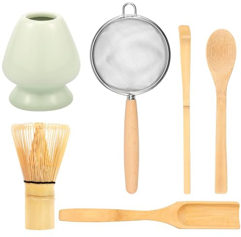 Set di 6 fruste giapponesi per Matcha, con frusta matcha, spatola, cucchiaio, paletta da tè, setaccio e supporto per frusta, ciotola in ceramica, set di accessori per matcha per gli amanti del tè