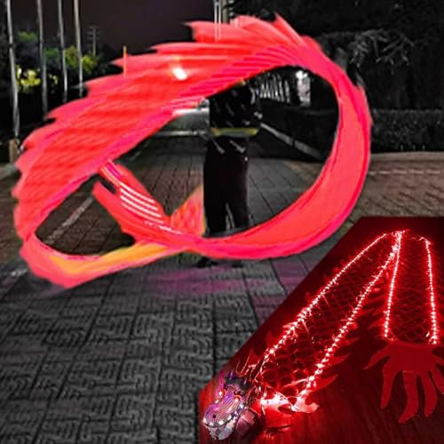EXCLURA Cerf Volant Loong Poi Rouge Illuminé et Tremblant, Rubans de Dragon Rotatifs Traditionnels avec Tête de Dragon, Ruban D'entraînement en Spirale de Dragon Volant(10 m (33 ft))
