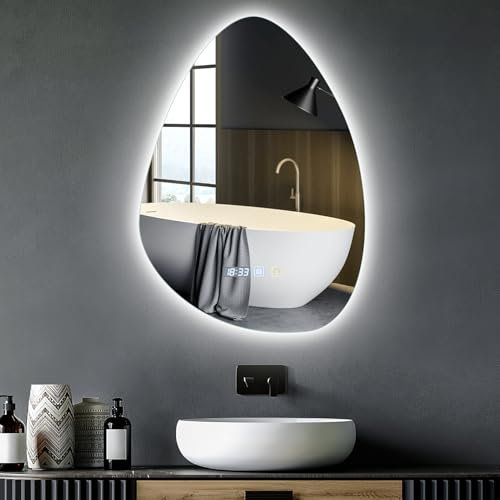 wowspeed Bathroom Mirror with LED Light, 500mm*700mm 3 Colors Dimmable Wall Mounted Multifunction Smart Bathroom Mirror with LED Light, Anti-Fog, 120° Beam Angle (Irregular)
