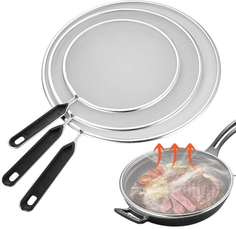 3 Pcs Stainless Steel Splatter Screen for Frying Pan Splatter Guard, Grease Mesh Splash Guard with Handle for Frying Pan Cooking, Splash-Proof Oil Proof Strainer Cover(7.5, 9.8, 11.4)