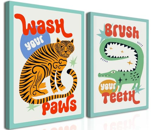 YFvrPt Funny Kids Bathroom Wall Art, Cute Animal Bathroom Wall Decor Paintings, Eclectic Tiger Wash Your Paws Sign Poster Canvas Prints for Toilet Restroom Framed 12x16 inch