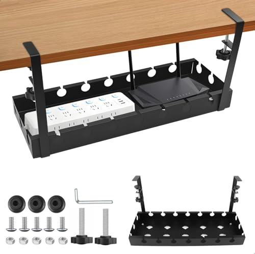Kabelbox Schreibtisch, Pc Kabelmanagement, Ohne Bohren Kabelkanal Schwarz, Schreibtisch Kabelkanal Geeignet für Tischplatten mit Einer Dicke von 0.6 Bis 4 cm, 40 * 14cm, Metall, Schwarz
