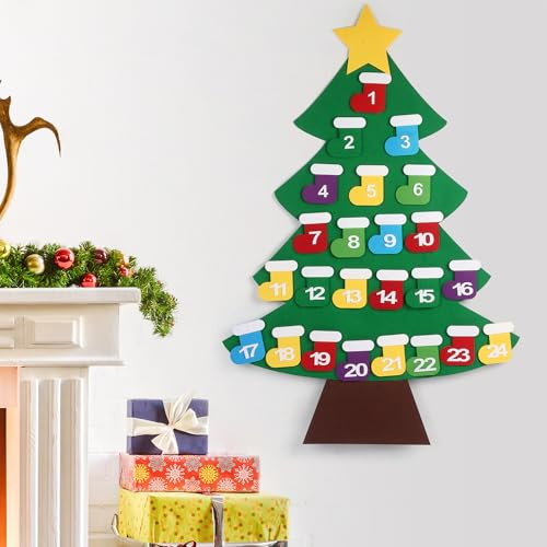 Cloth Advent Calendar with Pockets, Fabric Christmas Advent Hanging Calendar, Christmas Tree Hanging Fabric Advent Calendar, Reusable christmas Felt Countdown Calendar for Home Door Wall Decoration